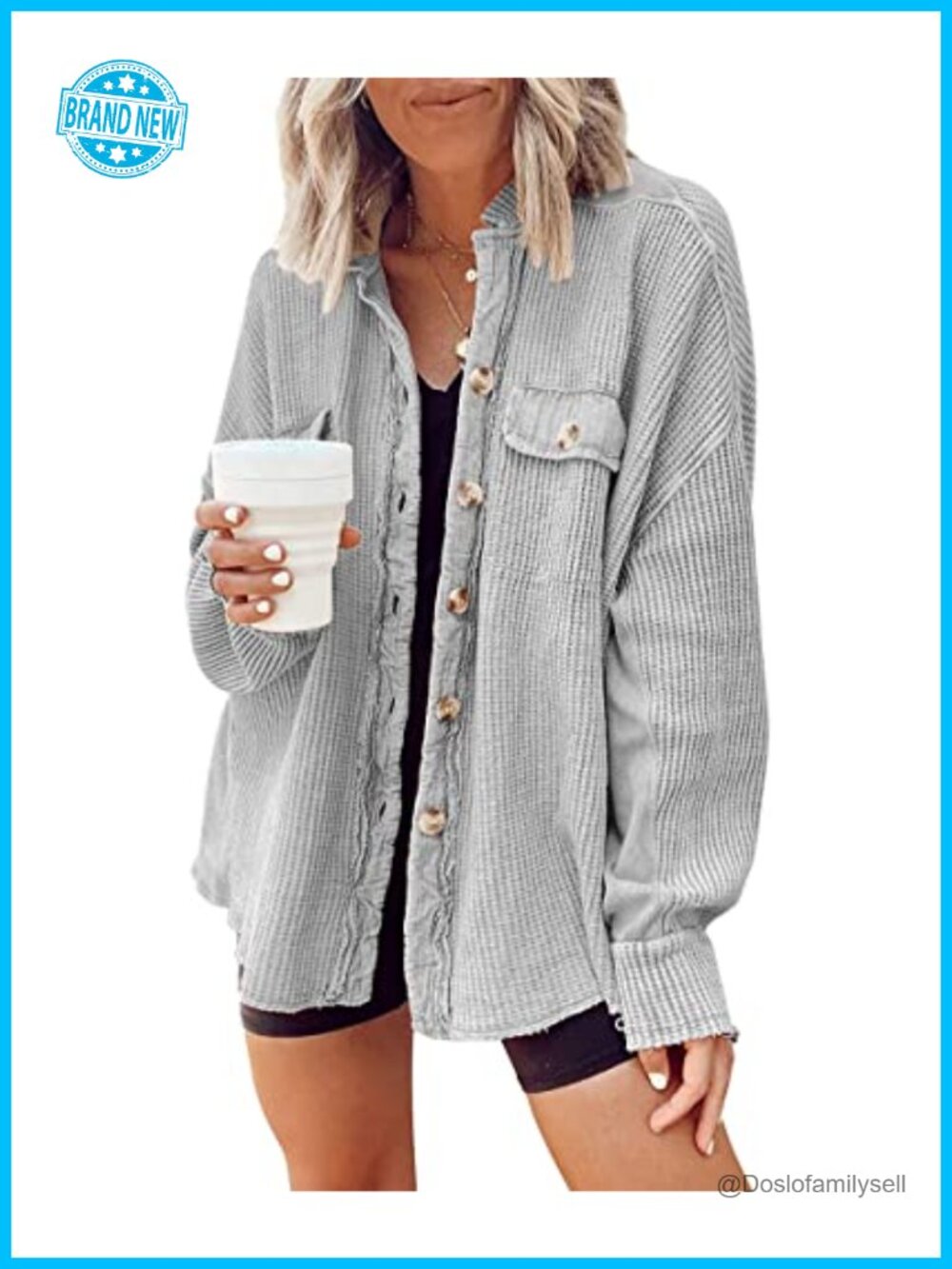 Womens Batwing Sleeve Waffle Textured Button Down Shirt Jacket Shacket